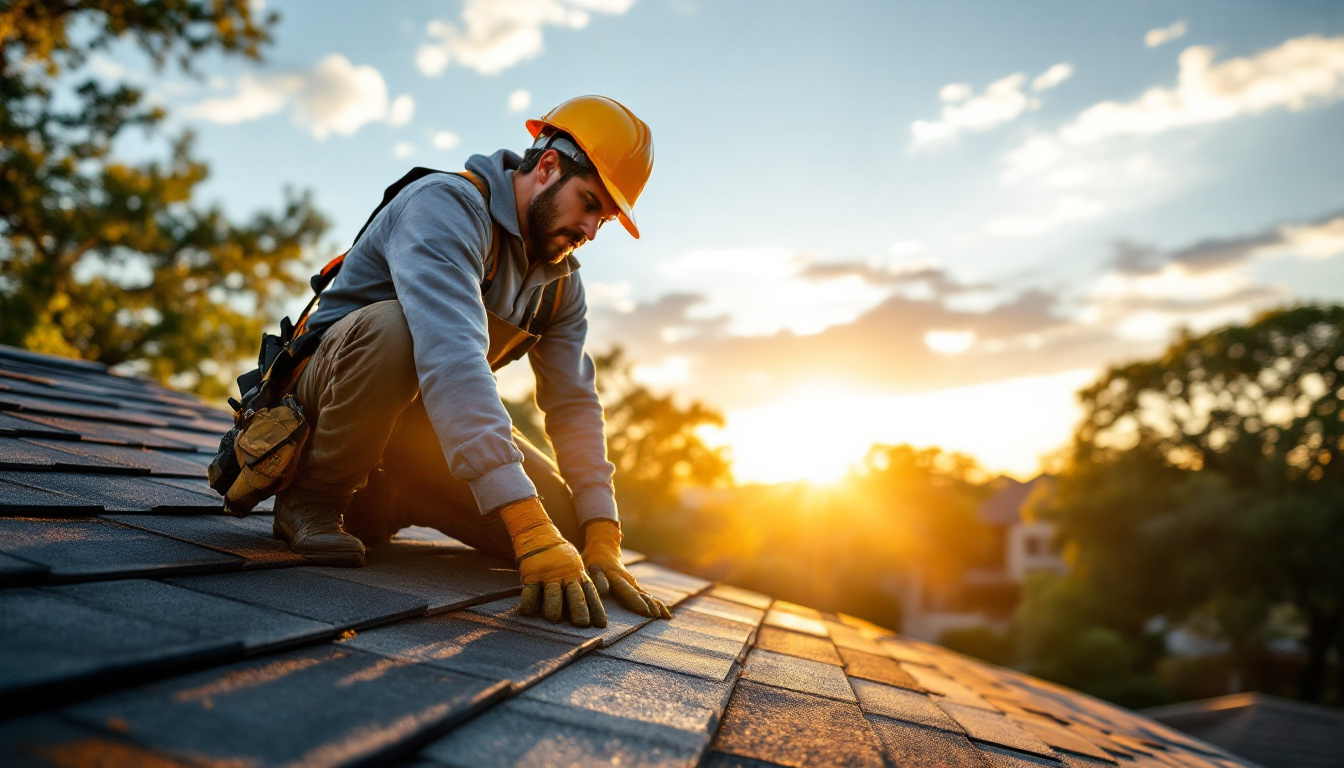 Roofer repairing asphalt shingles on a Leander, Texas home at sunset