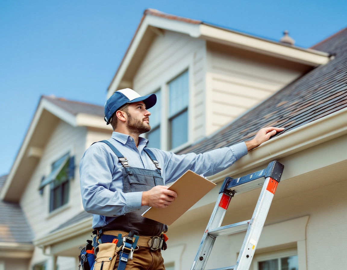 Contractor inspecting the roof of a two-story Leander home