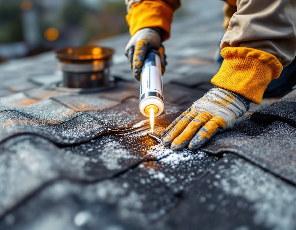 Roofer sealing flashing around a roof vent