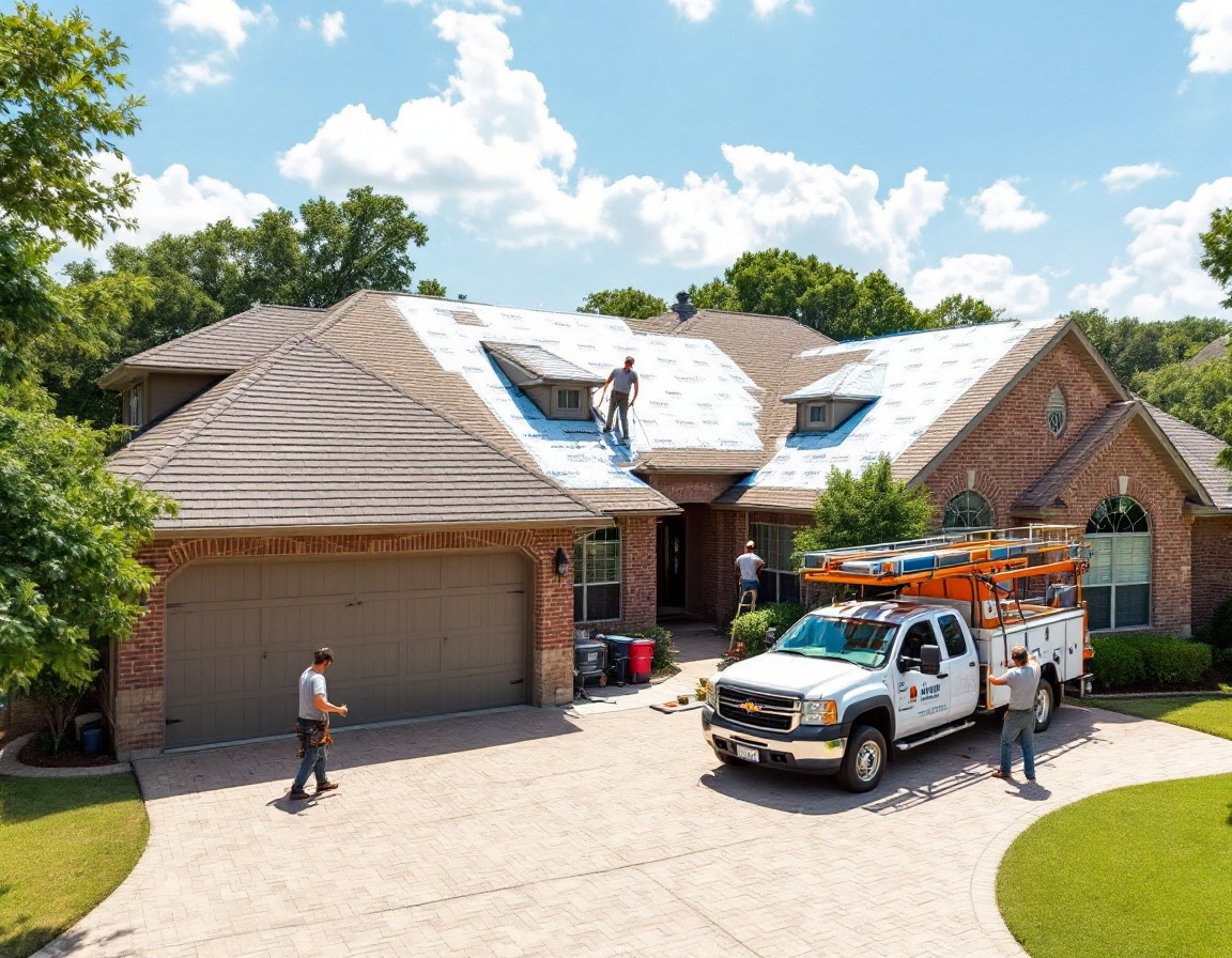 Crew installing new architectural shingles on a Texas home